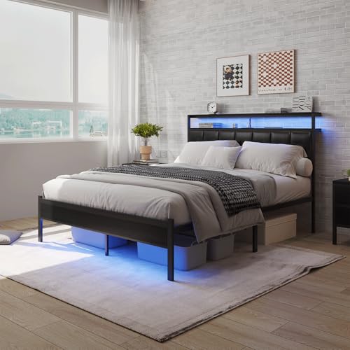Full Size Bed Frame with Charging Station and LED Lights, Black Upholstered Headboard with 2-Tier Storage Shelves, Metal Bed Frame with Headboard, No Box Spring Needed, Easy Assembly,Black CollaredEagle