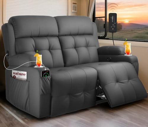 Tiooii RV Loveseat Recliner Sofa, Massage Wall Hugger Recliners Couch with USB Port, Side Pockets, Cup Holders, 150° Reclining Sleeper, for RV Furniture & RV Camper & Home Theater Seating