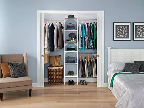 ClosetMaid SuiteSymphony Wood Closet Organizer Starter Kit with Tower and 3 Hang Rods, Shelves, Adjustable, Fits Spaces 4 – 9 ft. Wide, Engineered Wood, Pure White, 16" ClosetMaid