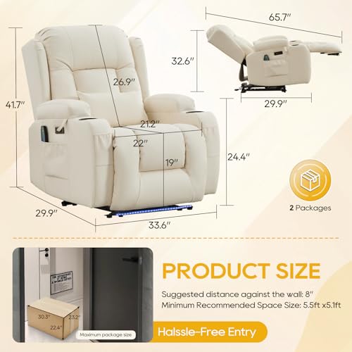 IPKIG Power Recliner Chair for Adults, Wall Hugger RV Recliners with LED Lights/USB Ports/Pillow/Side Pockets, Overstuffed Electric Recliner Sofa Chair for Living Room, Home Theater (1, Creamy White)