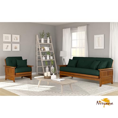 Nirvana Futons Brentwood Tray Arm Futon Sofabed Set - Full Frame, 8" Hunter Green Mattress, Rich Heritage Finish Nirvana Futons
