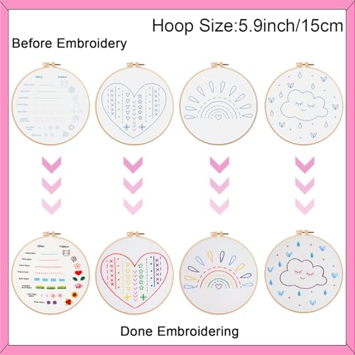 Louise Maelys 12 Pre-Stamped Embroidery Kits for Beginners, Cross Stitch for Kids Girls,DIY Needlepoint Craft Sewing,Practice Kit Supplies,Funny Cute Pattern,Perfect for Ages 8-12