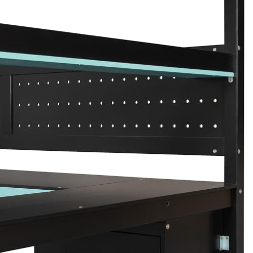 FUvellamo Full Size Gaming Loft Bed with Desk, Wood Gaming Loft Bed Frame with Storage Stairs, Drawers, Shelves & Pegboard, Esports Gaming Loft Bed for Kids, Teens, Adults, Black+Blue FUvellamo