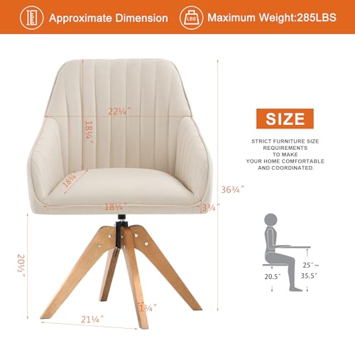 Furniliving 36.8'' Mid Century Modern Swivel Accent Chair for Living Room, Wood Desk Chair with Arms Mid Back Arm Chairs Upholstered Home Office Chair No Wheels for Home Office/Bedroom, Beige Furniliving