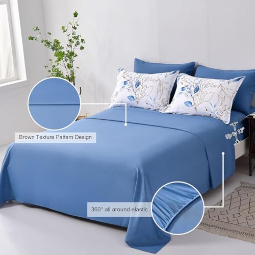 WONGS BEDDING 7 Pieces Blue Floral Bed in a Bag King, Botanical Comforter Set Reversible Blue Gold Leaves Bedding Set King (1 Comforter,2 Pillowcase,2 Pillow Shams,1 Flat Sheet,1 Fitted Sheet) WONGS BEDDING