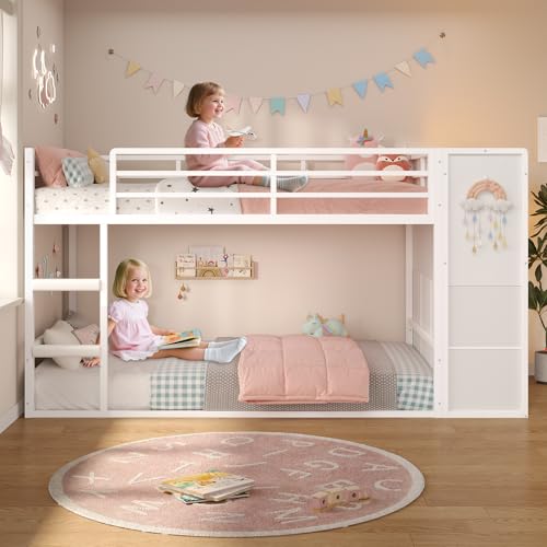 BTHFST Bunk Bed Twin Over Twin with 6 Large Fabric Drawers & 4 Wooden Storage Bookshelf Organizer, Metal Low Bunk Bed for Kids with LED Lights & Safety Ladder and Guardrail, Space Saving BTHFST
