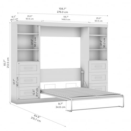 Bestar Pur Full Murphy Bed and 2 Shelving Units with Drawers, 109-inch Space-Saving Wall Bed Bestar