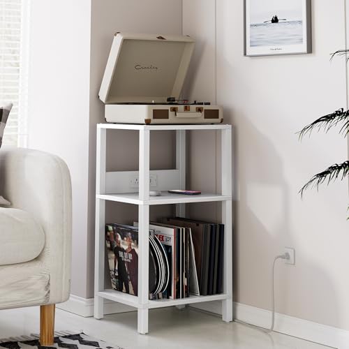 TUTOTAK Record Player Stand with Storage Up to 100 Albums,Record Storage Table,3 Tier End Table with Charging Station,Side Table for Living Room, Bedroom, White TB01BW076 TUTOTAK