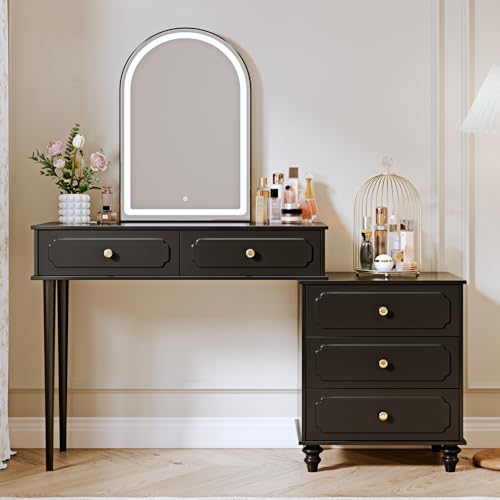 Ieejdn Black,Vanity Desk with Mirror and Lights,Makeup Vanity with Power Outlet and Adjustable Cabinet,Modern Makeup Table with 3 Drawers for Bedroom Makeup Room Ieejdn