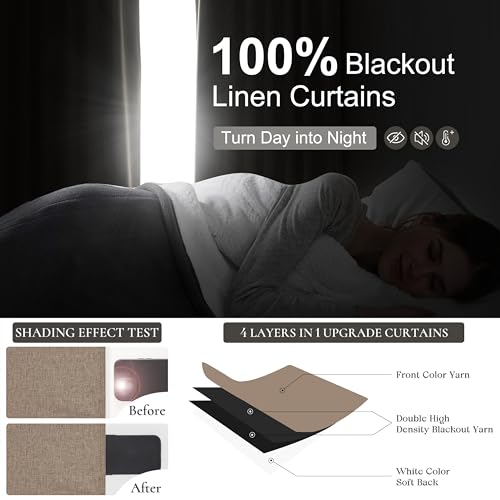 Dark Flax Living Room Curtains 86 Inches Long,Tan Pinch Pleated Linen Window Curtain Total Blackout Burlap Sunblock Thermal Drapes for Winter Cabin/Office/Nursery Room Divider (40"x86" 2panels) QJmydeco