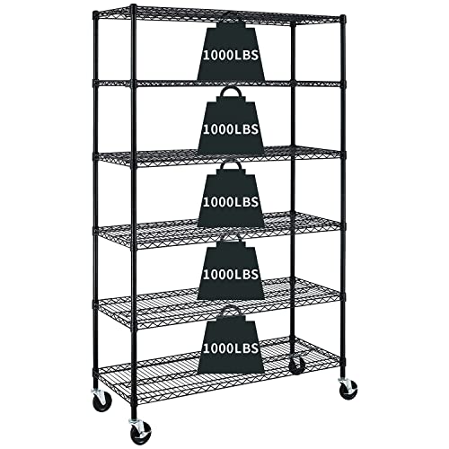 Garage Shelving, 78"x48"x18" Metal Shelves 6 Tier Wire Shelving Unit Adjustable Heavy Duty Sturdy Steel Shelving Rolling Cart with Casters for Pantry HCY