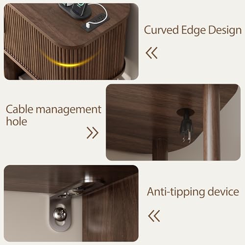 OneBlis 40" Large Record Player Stand with Charging Station, Mid Century Modern Turntable Cabinet with Sliding Doors, Wood Vinyl Record Storage Stand for Living Room Music Corner OneBlis
