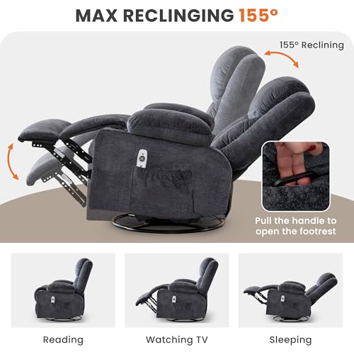 Swivel Recliner Chair for Adults,Oversized Rocker Recliner with Massage and Lumbar Heat,Rocking Chair with Side Pocket,2 Cup Holders,for Living Room