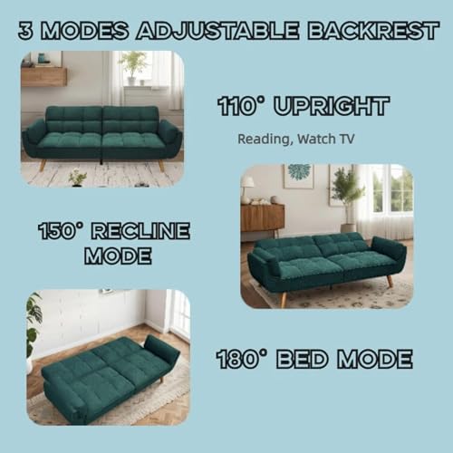 Trygoal Convertible Futon Sofa Bed, Modern Futon Couch with 2 Pillows, Small Futons Couch with Adjustable Armrest & Backrest, Loveseat Sofa Bed for Living Room, Bedroom, Green Trygoal