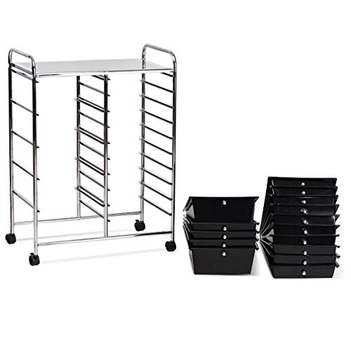 15 Drawer Rolling Storage Cart, Mobile Utility Cart with Lockable Wheels, Drawers, Multipurpose Organizer Cart for Home, Office, School, Black COSTWAY