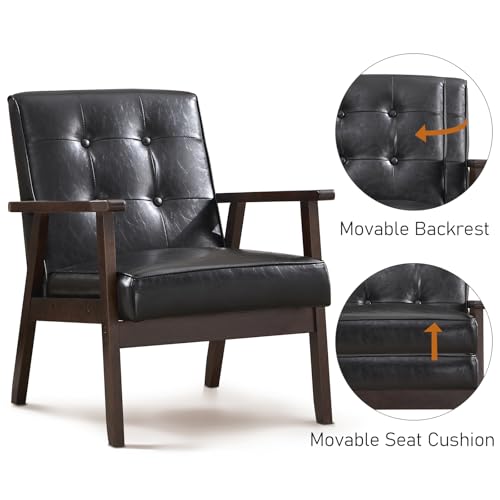 Bonzy Home Mid Century Modern Accent Chairs Set of 2 for Living Room, Upholstered Faux Leather Armchair Comfy Retro Bedroom Side Chair with Solid Wood Frame, Black Bonzy Home