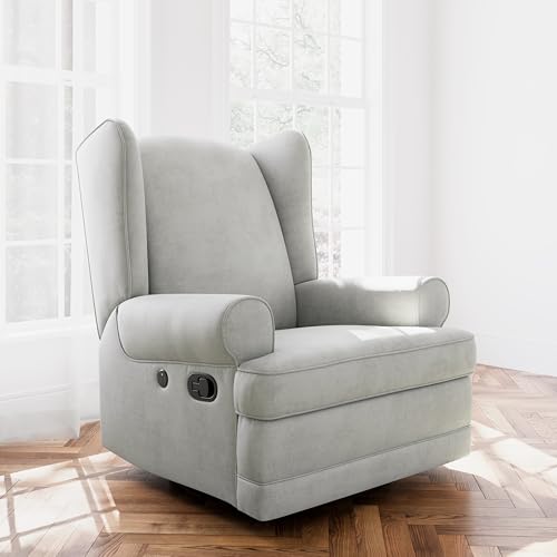 Storkcraft Serenity Upholstered Swivel Glider with USB Charging Port (Steel) – Fully Upholstered Wingback Nursery Glider Recliner with Manual Recline Function, 2 USB Charging Ports, 360 Swivel Base Storkcraft