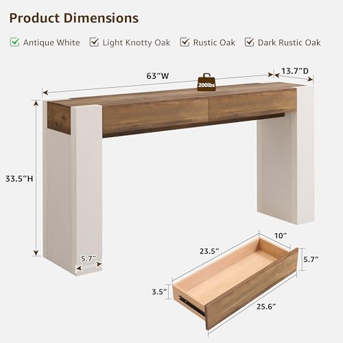 OKD Modern Entryway Console Table, Sofa Table with Drawers, 63" Long Hall Table Behind Couch, Thick Wood Design for Living Room, Hallway - Antique White OKD