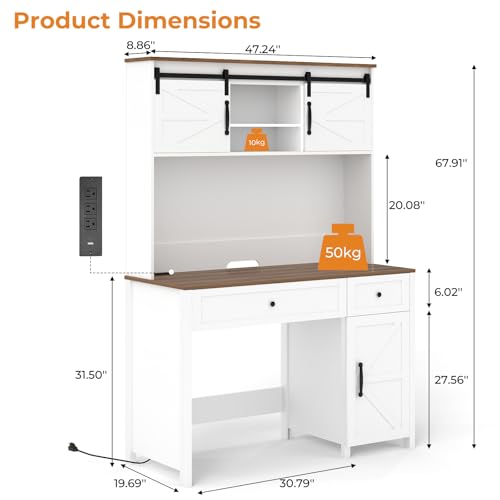 Zevemomo 47" Executive Desk, Computer Desk with Hutch, Farmhouse Desk with 3 Storage Cabinets, 2 Drawers & Built-in Charging Station, Writing Table for Office, Bedroom, Or Study Room-White Zevemomo