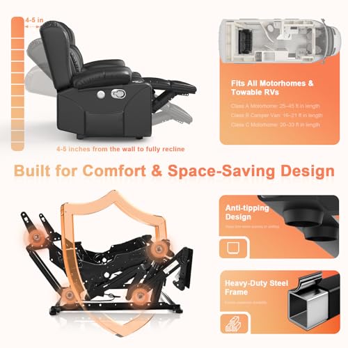 MOSGAT RV Loveseat Recliner Sofa, Reclining Loveseat Home Theater Seating with USB Ports, Cup Holders, Insert Pockets, Wall Hugger RV Recliners for Movie Room, Recline Movie Seats Gaming Sofa, Black