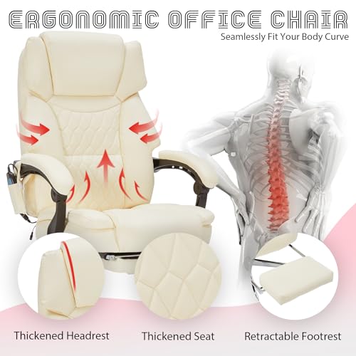 Massage Office Chair with Foot Rest 6 Points Vibration and Heat Home Office Desk Chairs for Heavy People 400lbs Reclining Managerial Chairs Ergonomic Executive Chair (Cream) HESL