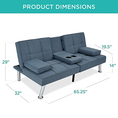 Best Choice Products Linen Modern Folding Futon, Reclining Sofa Bed for Apartment, Dorm w/Removable Armrests, 2 Cupholders - Blue Best Choice Products