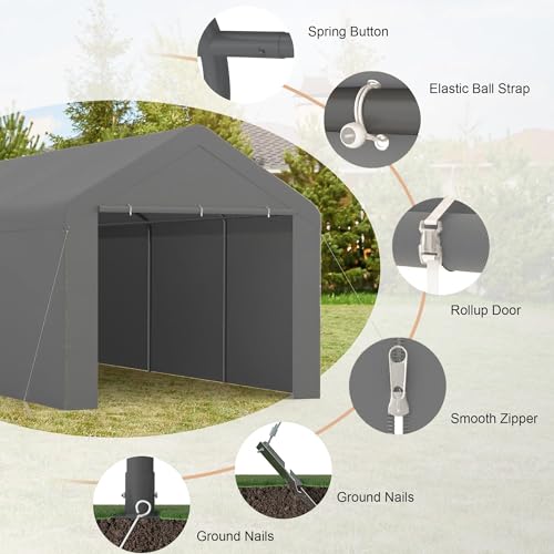 Carport, 10x20ft Heavy Duty Portable Garage, Car Port with Storage Shed, Car Canopy with Removable All-Season Tarp Sidewalls & Doors for Car, Truck, Boat, Party, Grey TANGJEAMER