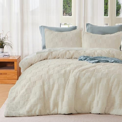 Joiedomi Tufted Queen Comforter Set, 3 Pieces Beige Boho Queen Bedding Set with 1 Plaid Geometric Comforter and 2 Pillow Shams, Checkered Bed in a Bag for All Seasons