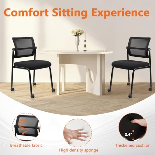 CLATINA Stacking Armless Office Waiting Room Chair with Wheels, Stackable Mesh Guest Reception Desk Chairs with Adjustable Backrest for Conference Lobby Side School, Black, 4 Pack CLATINA