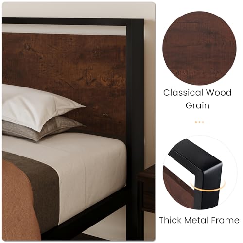 SHA CERLIN 14 Inch Twin Size Metal Platform Bed Frame with Wooden Headboard and Footboard, Mattress Foundation, No Box Spring Needed, Large Under Bed Storage, Heavy Duty Slats Support, Mahogany SHA CERLIN