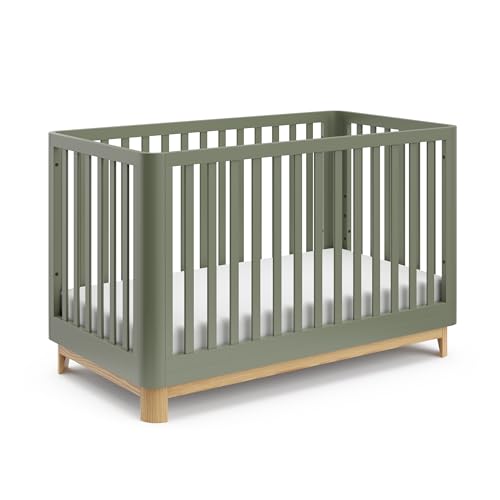 Storkcraft Santos 3-in-1 Convertible Crib (Olive with Natural) – GREENGUARD Gold Certified, Fits Standard Crib Mattress, Converts to Toddler Bed and Daybed, Rounded Details, Designer Edition Storkcraft