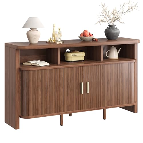 IRONCK 55" Sideboard Buffet Cabinet with Storage, Fluted Credenza with Sliding Door & Open Shelf, Mid Century Modern Accent Coffee Bar Console Table for Kitchen, Living Room, Entryway, Walnut IRONCK