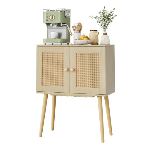 Sideboard Buffet Kitchen Storage Cabinet , Small Coffee Bar Cabinet with Rattan Doors and Tall Solid Wood Legs, Boho Accent Media Console Credenza Cabinet for Entryway,Living Room,Kitchen, Small Space Cidaziya