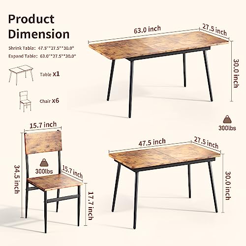 Qsun 63” Extendable Dining Table Set for 4-6 People, 7-Piece Dining Table Set for 6 People with 6 Chairs, MDF Wood Board Kitchen Table Set for Small Qsun