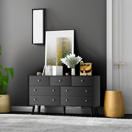Wananlanen 7 Drawers Dresser for Bedroom, 55'' Dressers & Chests of Drawers with Gold Handles and 7 Large Drawer, Modern Double Wooden Storage Organizer Cabinet, Hallway, Black Wananlanen