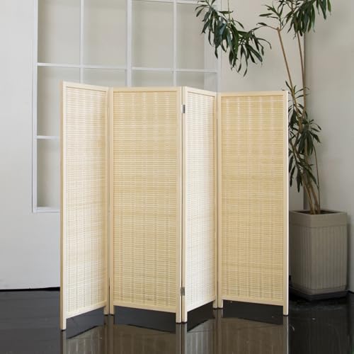 Loomveil 4 Panel Short Room Divider Folding Screen,47 inch Bamboo Panel Divider for Home Partition,Beige Loomveil