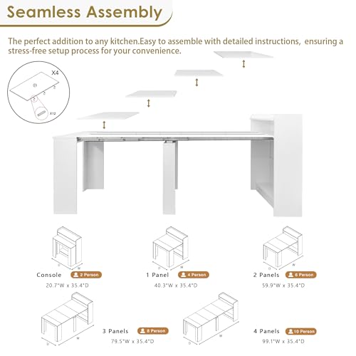 DMAITH 20"-99" White Extendable Dining Table with Storage for 2-10 People, Modern Modular Extension Table, Space-Saving Extra Long Folding Dining Table, Multifunctional Conference Meeting Table DMAITH