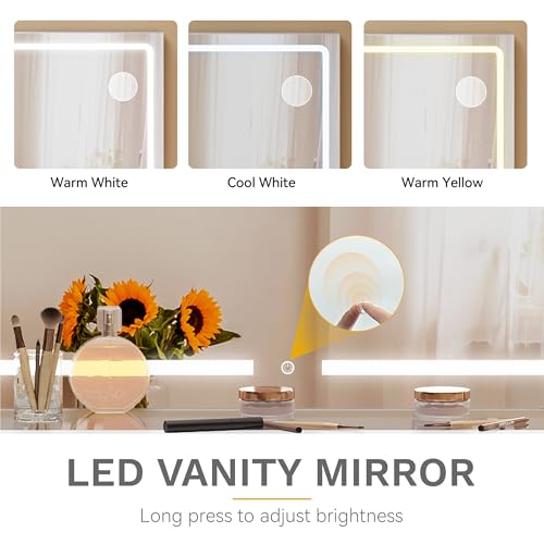 DWVO Makeup Vanity with LED Mirror and Charging Ports, 10-Drawer Vanity Set with Glass Top, Hair Dryer Holder, 3 Adjustable Light Colors, and Hidden Storage Stool DWVO