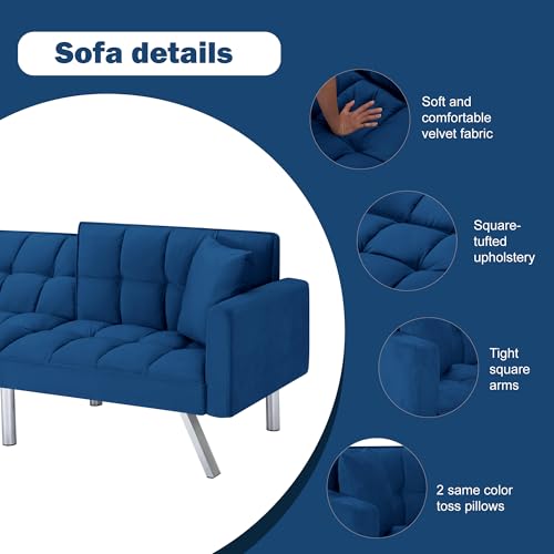 78" Modern Sofa Bed Futon,Convertible Sleeper Bed Couch with 4 Reclining Backrest,Comfy Velvet Cloud Sofa Loveseat for Living Room Bedroom Office (Navy) Anwick