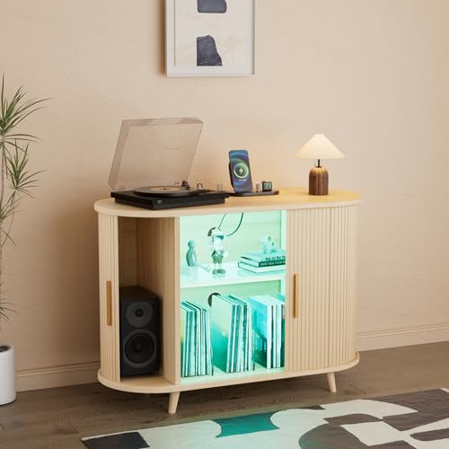 YKVIQBY 39" Record Player Stand with Vinyl Storage,Large Turntable Stand Holds up to 300+ Albums,Record Player Table,Stereo Cabinet with Open Storage,Charging Station & LED Lights,for Living Room,Oak YKVIQBY