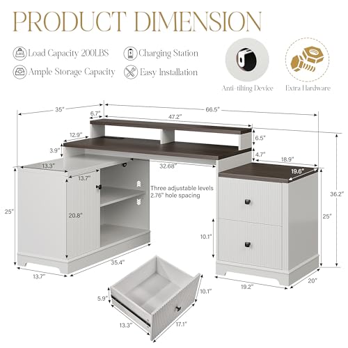 67" L Shaped Executive Desk with Drawers & Storage Shelf, Corner Computer Desk with Power Outlets, Home Office Desk with Monitor Stand, Printer Shelf, Computer Writing Desk for Work, Antique White CASSORA