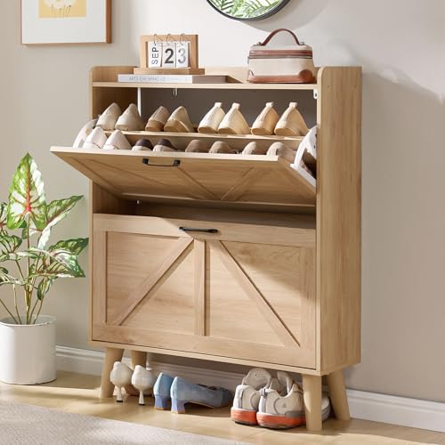 LEYAOYAO Shoe Storage Cabinet with 2 Flip Drawers,Narrow Shoe Storage Cabinet Organizer with Legs for Entryway Hallway, Living Room, Bedroom,Hidden Slim Storage Narrow Shoe Rack Cabinet,Natural LEYAOYAO