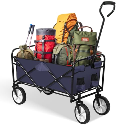 YSSOA Rolling Collapsible Garden Cart Camping Wagon, with 360 Degree Swivel Wheels & Adjustable Handle, 220lbs Weight Capacity,Blue YSSOA