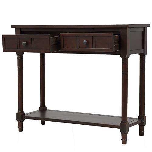 P PURLOVE Sofa Table Antique Style Wooden Console Table with 2 Drawers and Bottom Shelf (Dark Espresso) P PURLOVE