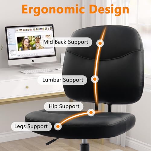 CLATINA Armless Home Office Chair, Small PU Leather Ergonomic Low Back Desk Chair with Lumbar Support and Wheels, Adjustable Height 360° Swivel Rolling Computer Task Chair, Black CLATINA