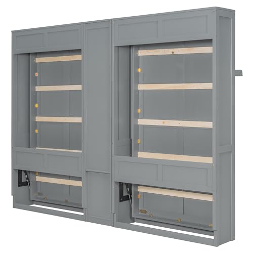 Merax 110W Dual Twin Wall Murphy Beds with Cabinets and Shelves,Sleeping Arrangement for Multipurpose Area, Bedroom, Guest Room or Living Room,Gray Merax