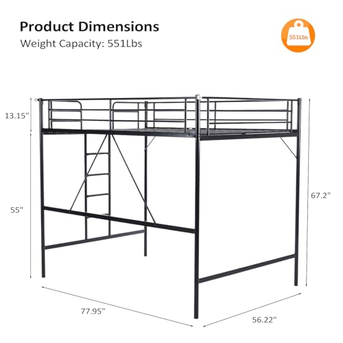 Bonnlo Metal Loft Bed with Stairs and Flat Rung, Junior Bed Full Size High Loft Bed for Kids/Teens/Adults, No Box Spring Required, Black Bonnlo