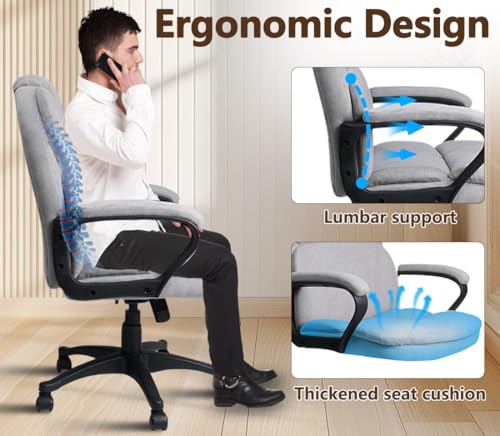 CLATINA Ergonomic Executive Cloth Office Chair, Fabric Desk Chair with Upholstered Swivel Adjustable Height Thick Padding Headrest and Armrest for Home Office Grey CLATINA