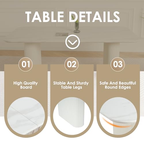 RGZ Modern Oval Dining Table Set for 6, 71" White Faux Marble Kitchen Table with Ripple Legs & 6 Beige Gold Comfy Upholstered Chenille Chairs, Dinner Table Set for Office, Home, Dining Room RGZ