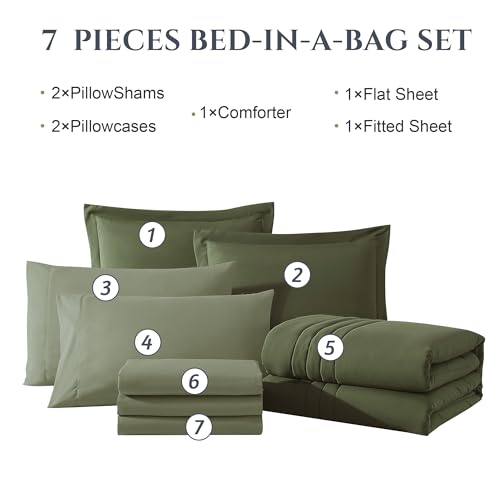 Monbix Queen Comforter Set - 7 Pieces Olive Green Bed in a Bag Queen Bedding Sets with Comforters, All Seasons Comforter Bed Set with Sheets, Pillowcases & Shams Monbix
